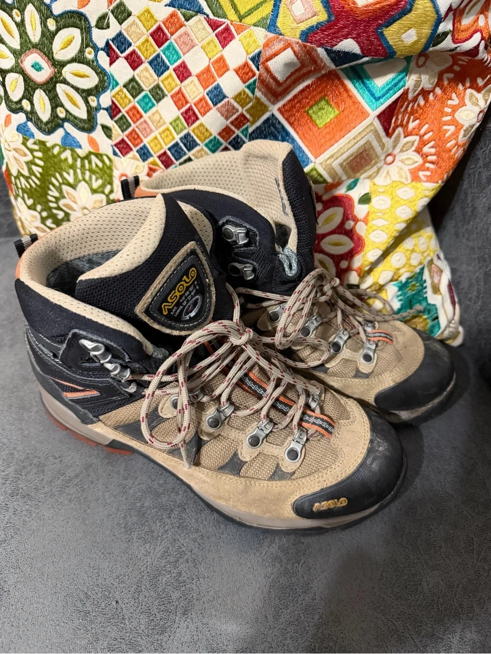 Asolo Woman’s  Tan and Black Hiking Boots with Orange Accents